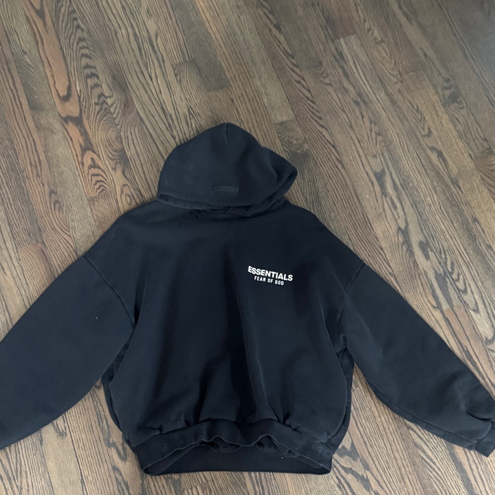 Fear of God Essentials Black Crewneck Hoodie with White Logo